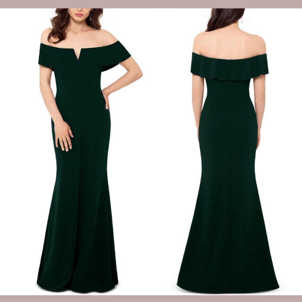 NWT Betsy & Adam [ 4P PETITE‎ ] Off The Shoulder Gown in Pine Green